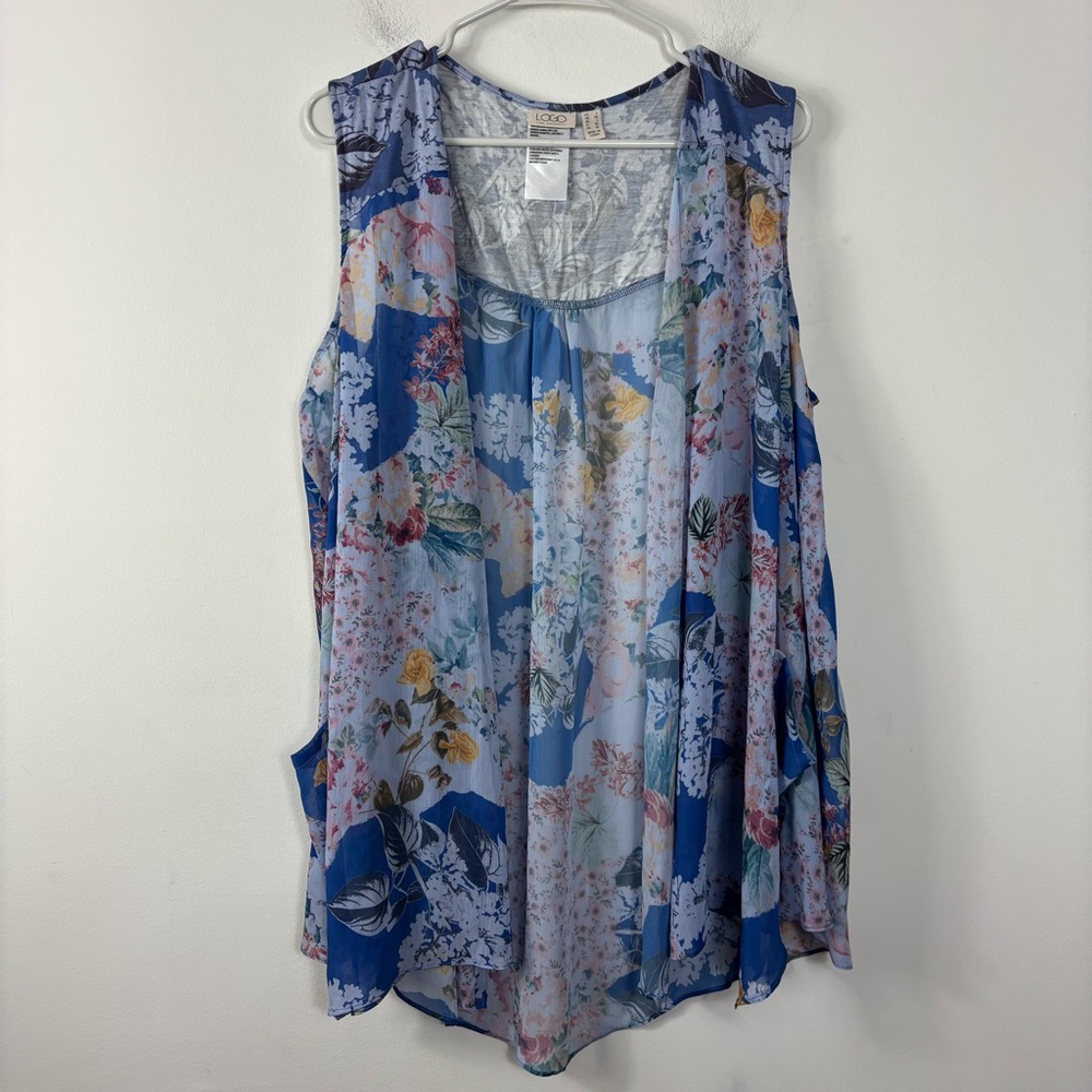 LOGO by Lori Goldstein Top Womens L/XL Semi Sheer Vest Cover Floral Art Light